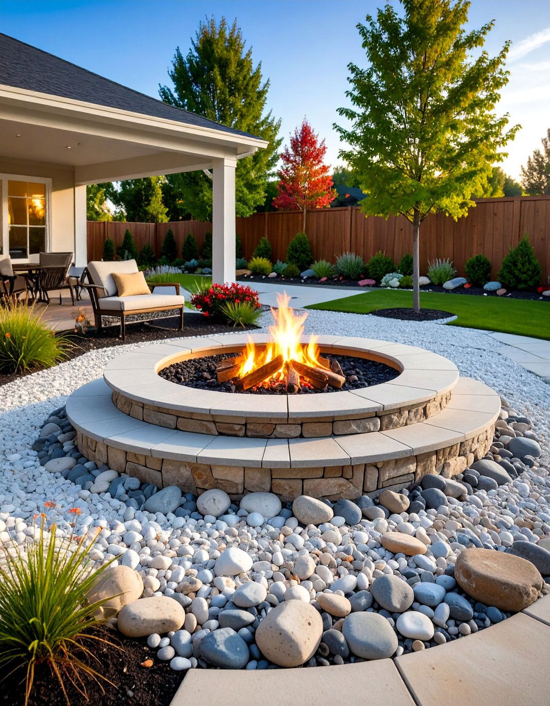 Stone Fire Pit with Decorative Gravel Surround and Definition - 25 Stone Fire Pit Ideas