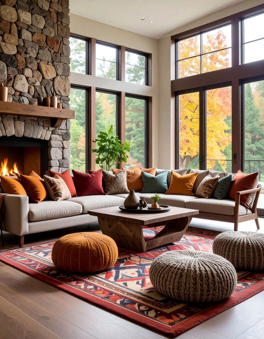 Stone Fireplace Accent with Layered Textiles - 25 Bohemian Desert Decor Ideas