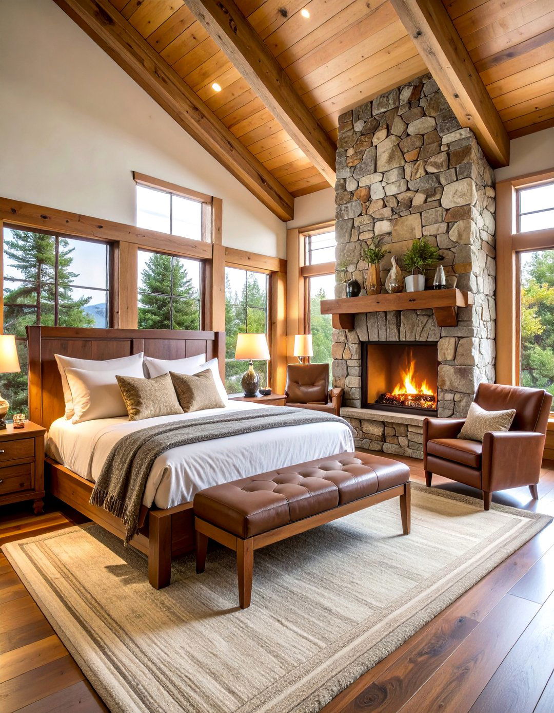 Stone Fireplace Cabin Bedroom Retreat - 25 Cabin Bedroom Ideas