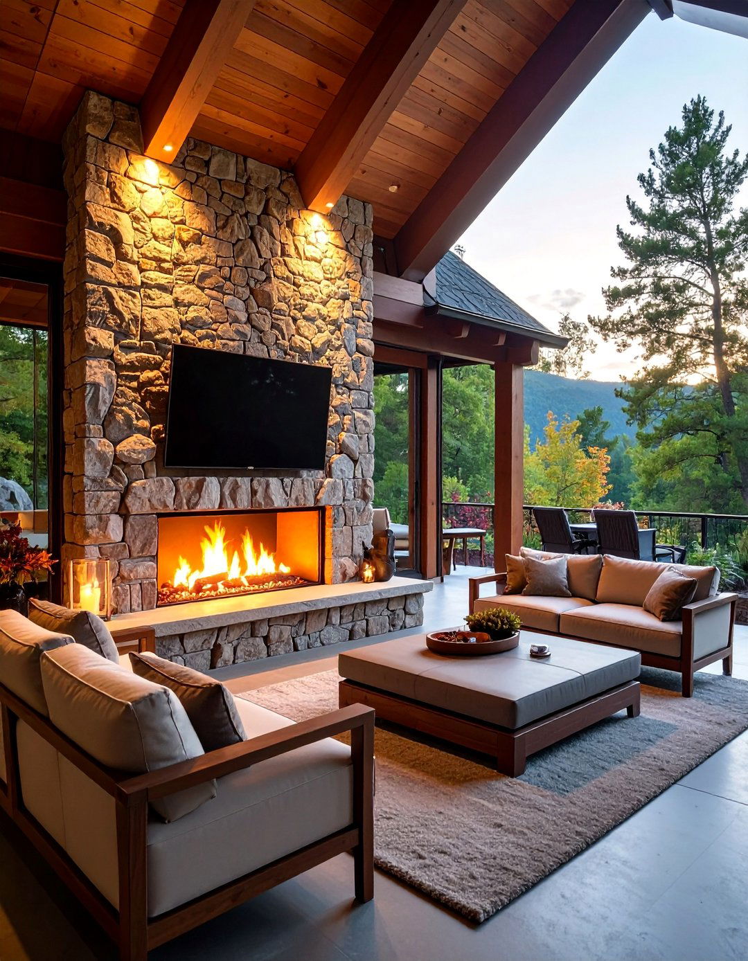 Stone Fireplace Entertainment Wall with Built in TV Alcove - 25 Outdoor Tv Ideas