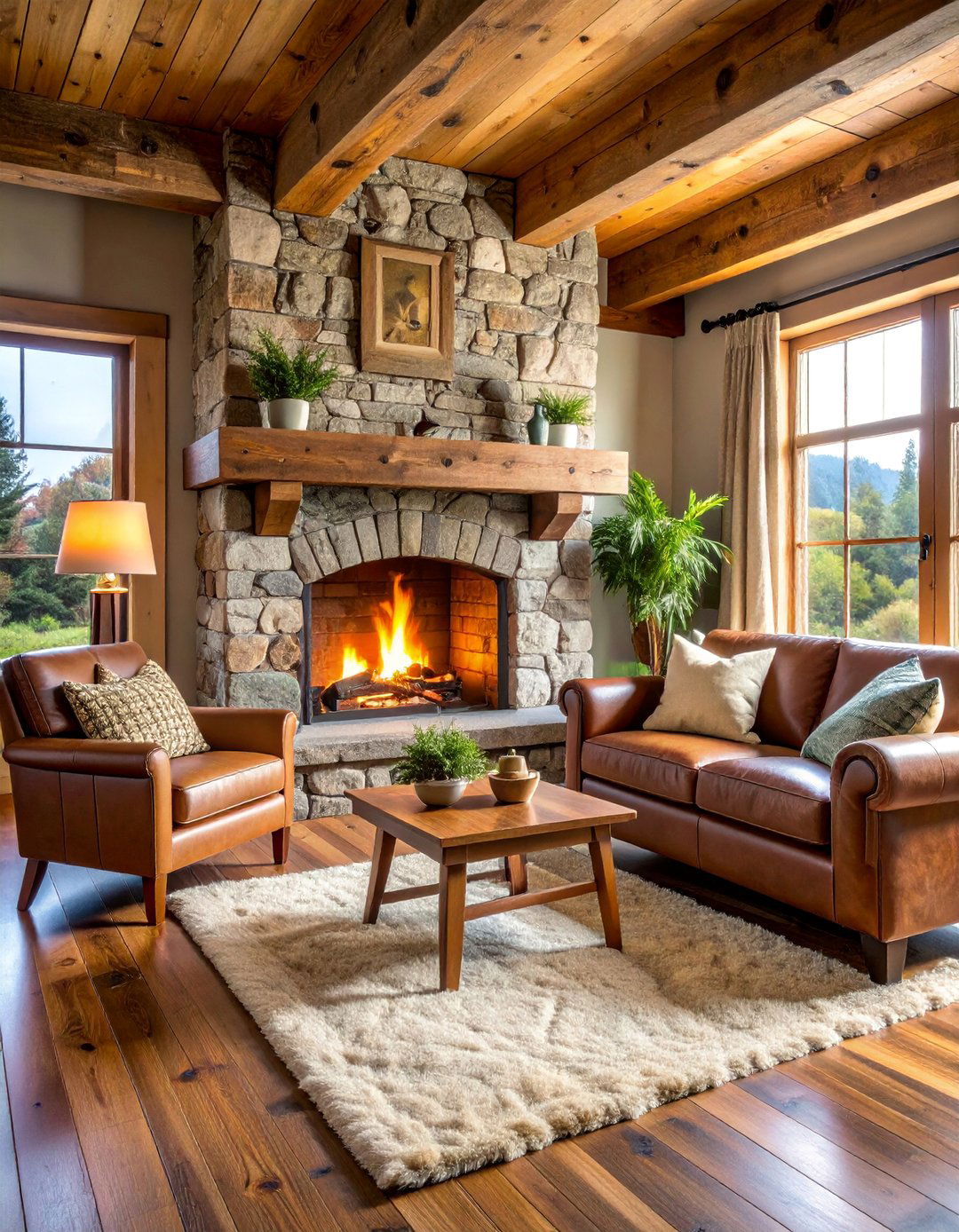 Stone Fireplace Living Room with Reclaimed Wood Mantel - 25 Rustic Living Room Ideas