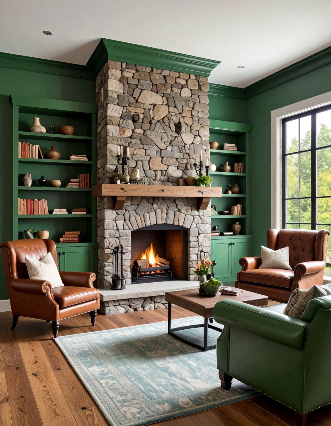 Stone Fireplace with Sage Green Built In Shelving - 25 Rustic Sage Green Living Room Ideas