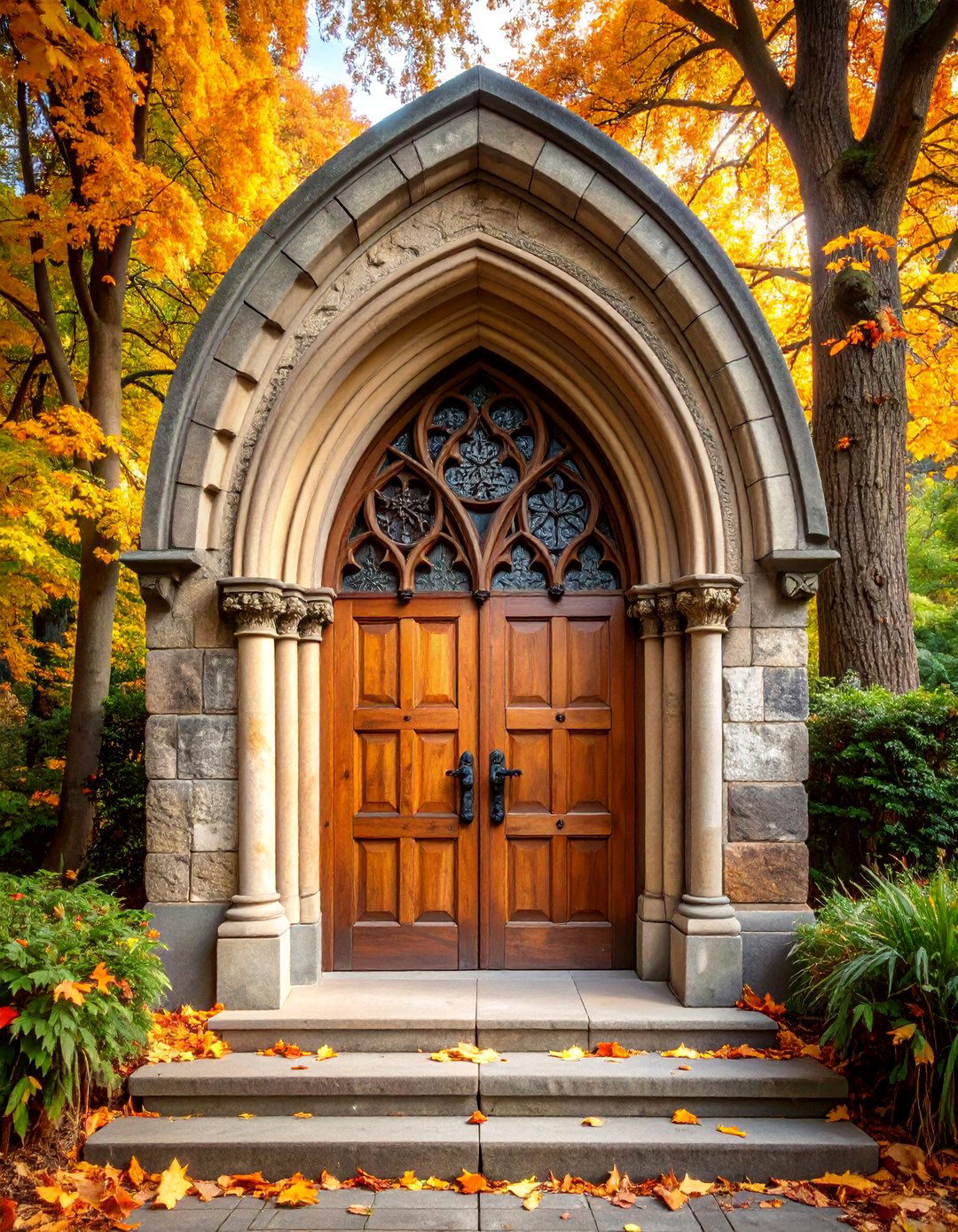 Stone Framed Gothic Door with Carved Tracery - 25 Gothic Front Door Ideas