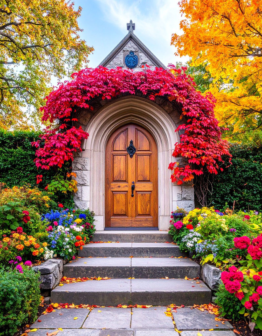 Stone Gothic Door with Heraldic Carving - 25 Gothic Front Door Ideas