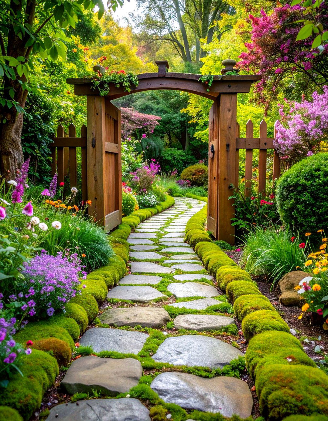 Stone Pathway Cottage Garden with Wildflower Borders - 25 Rustic Landscaping Ideas