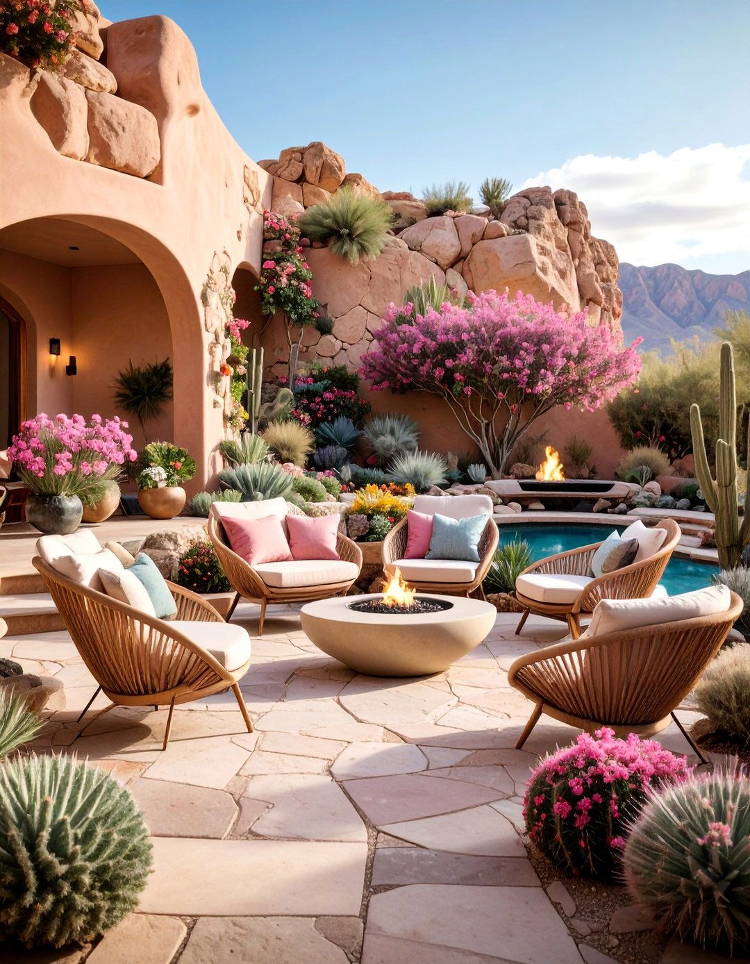 Stone Patio with Built In Planter Walls - 25 Mid-century Modern Patio Ideas