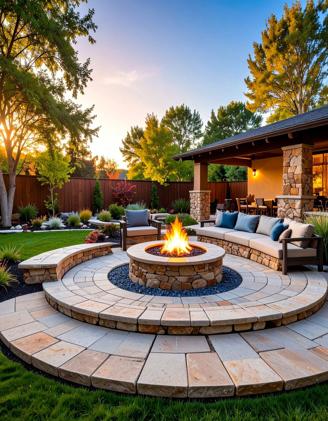 Stone Patio with Fire Pit Centerpiece - 25 Hardscape Ideas