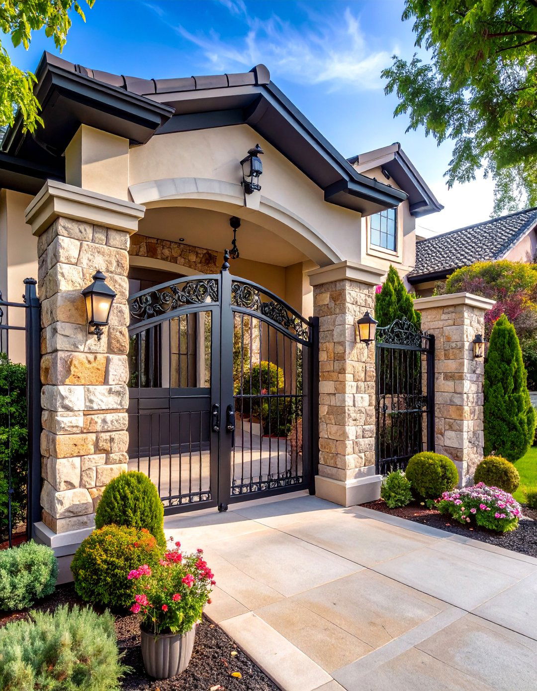 Stone Pillar Entrance with Iron Gates - 25 driveway entrance ideas