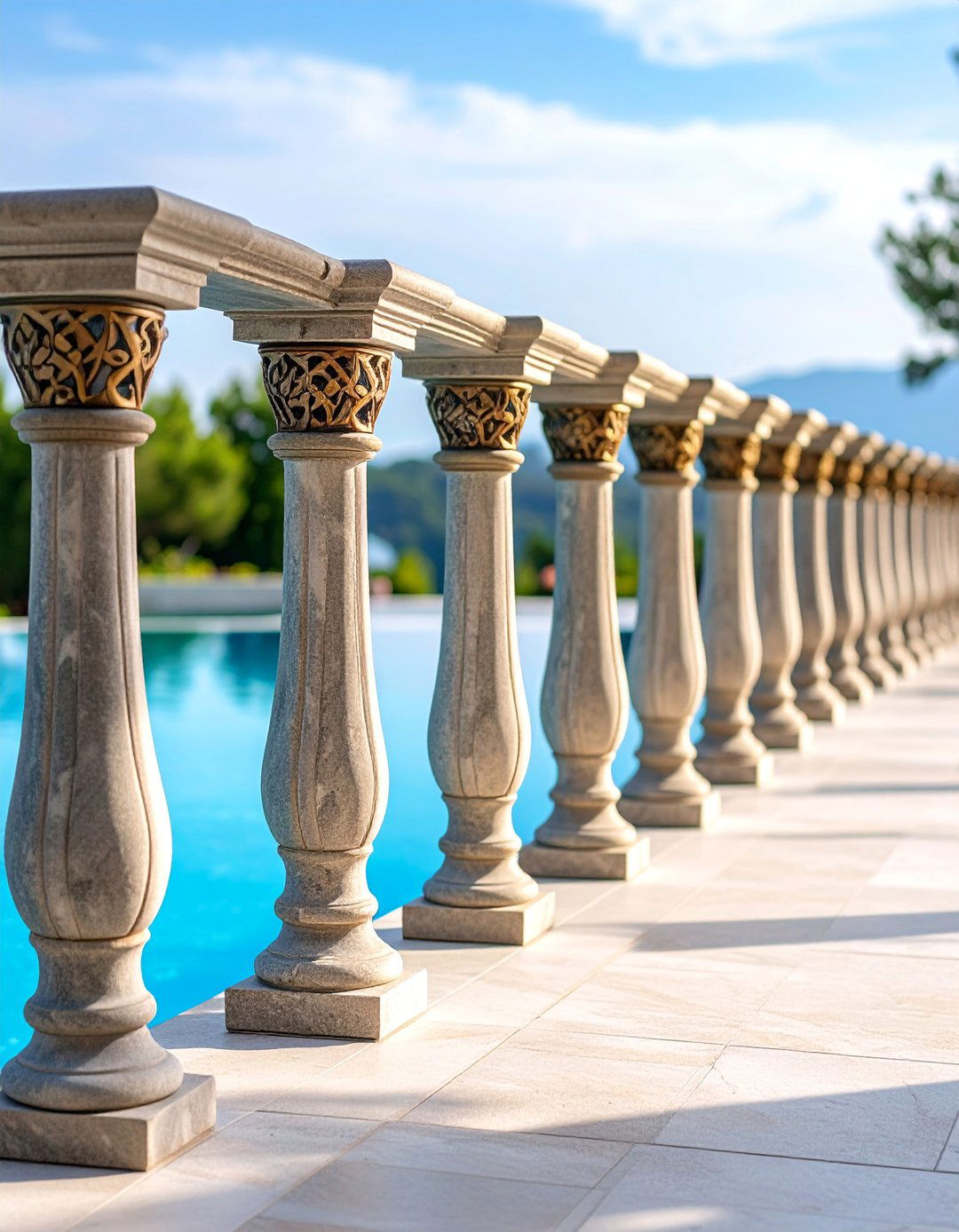 Stone Pillar Pool Deck Railing with Metal Infill - 25 Pool Deck Railing Ideas