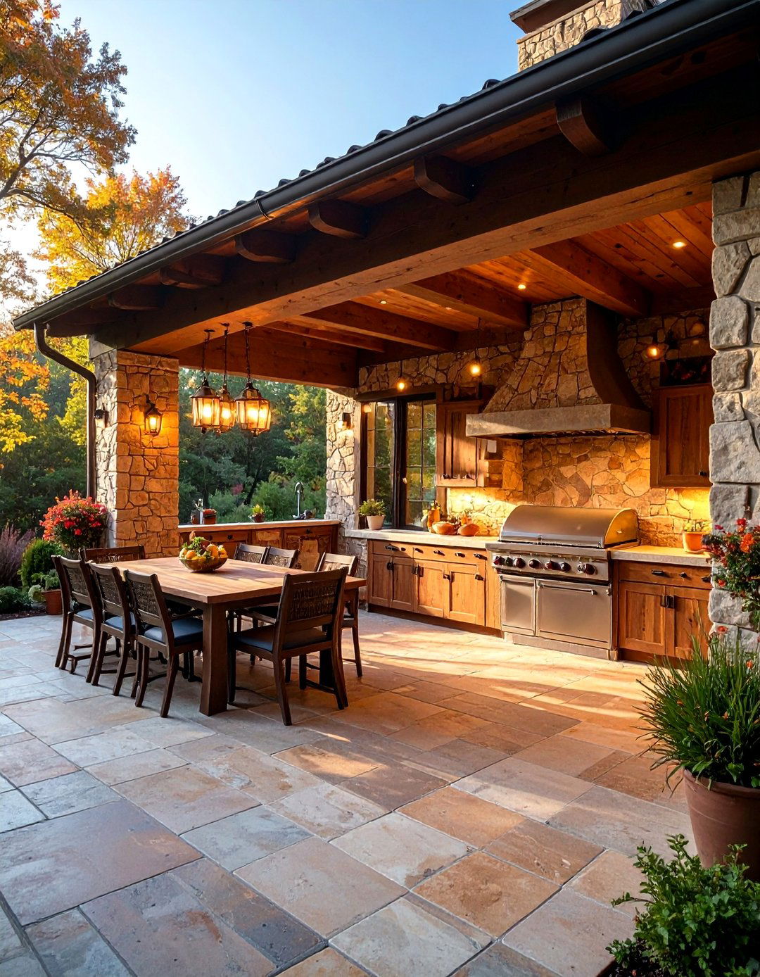 Stone Porch with Outdoor Kitchen and Dining - 25 Stone Porch Ideas