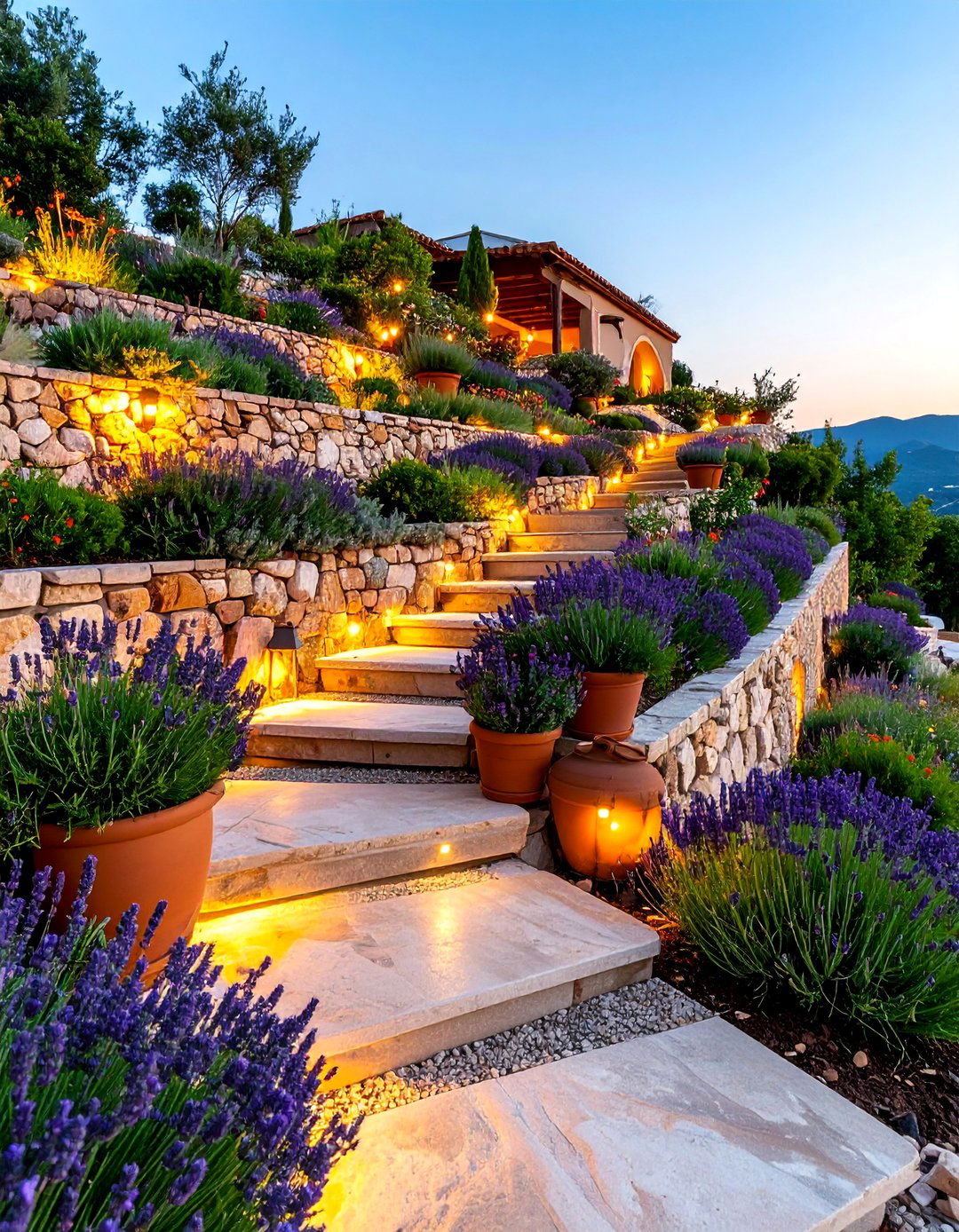 Stone Retaining Wall Terraced Garden with Mediterranean Herbs - 25 Terraced Garden Ideas