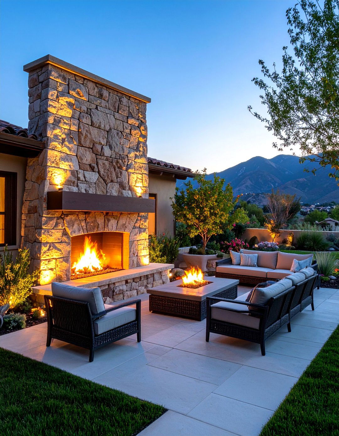 Stone Veneer Accent Wall with Built in Fire Feature - 25 Patio Wall Ideas