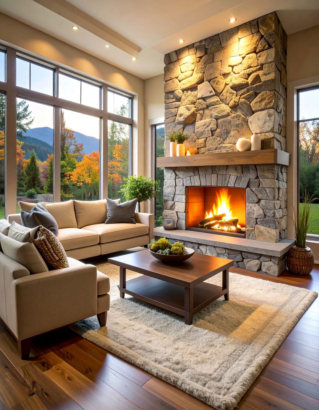 Stone Veneer Corner Fireplace with Natural Texture - 25 Corner Gas Fireplace Ideas
