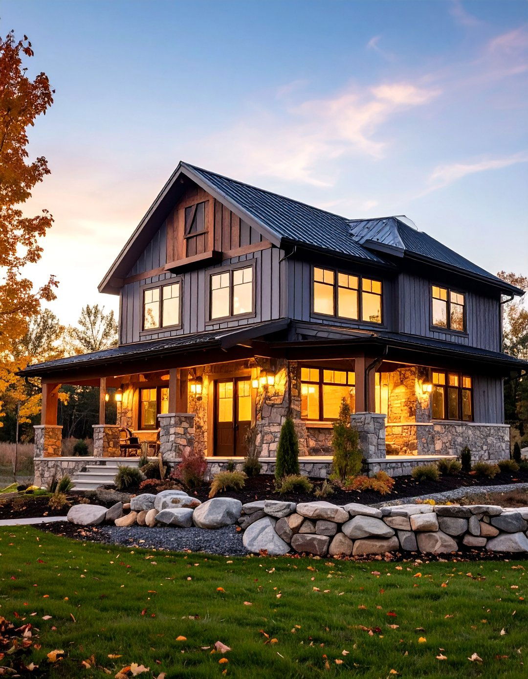 Stone Wainscot with Metal Siding Upper - 25 Barndominium Exterior Ideas