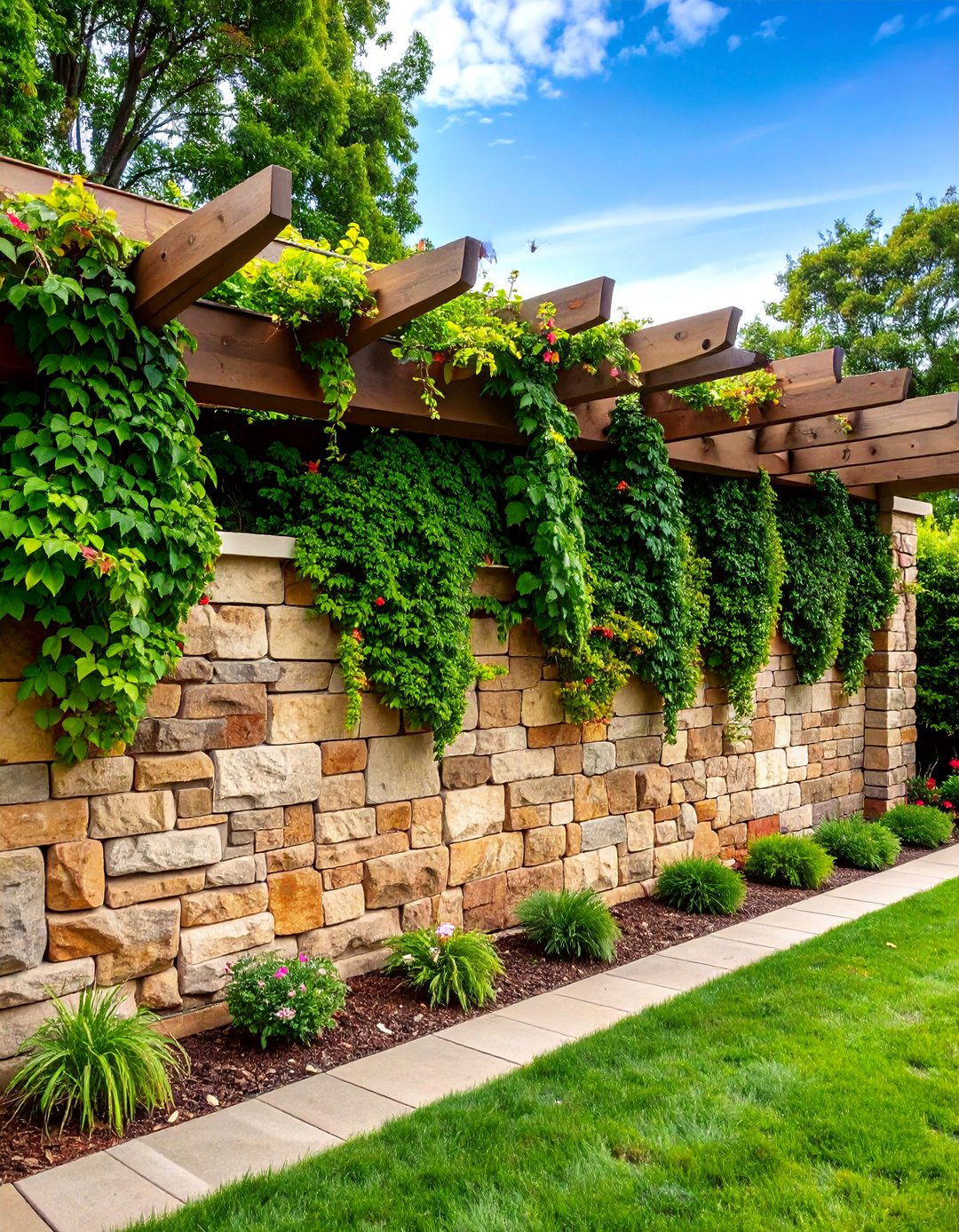 Stone Wall with Climbing Vine Canopy - 25 Backyard Privacy Ideas