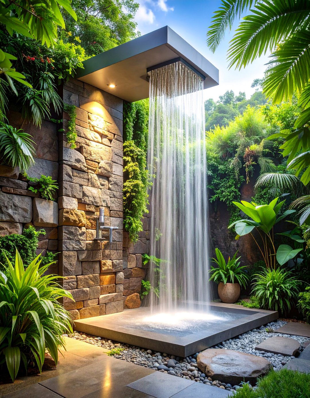 Stone Wall with Rainfall Shower Feature - 25 Rustic Outdoor Bathroom Ideas