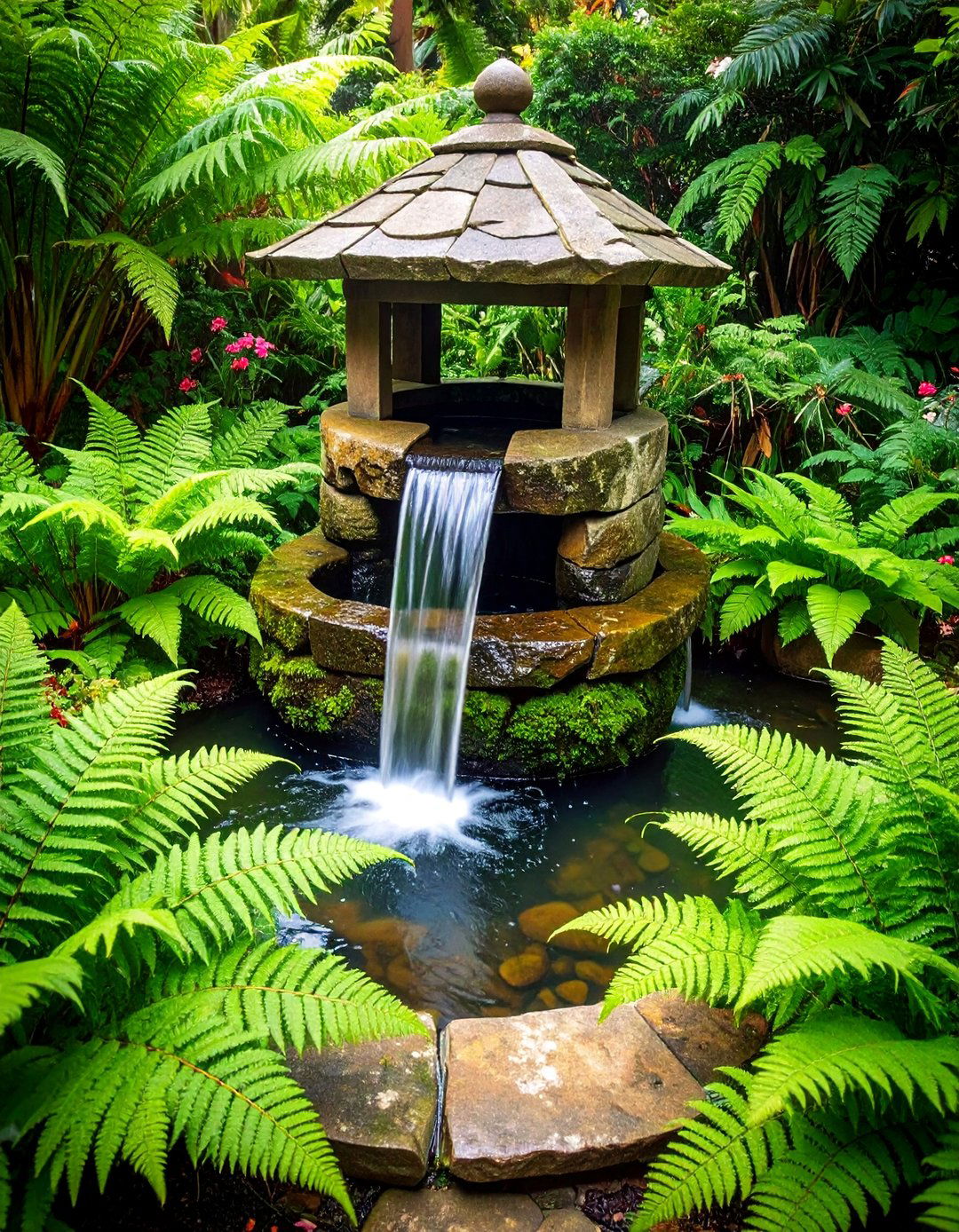 Stone Wishing Well with Waterfall Feature - 25 Outdoor Wishing Well Garden Ideas