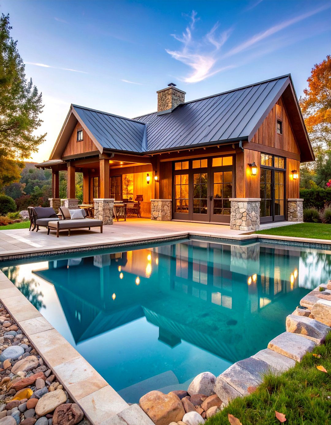 Stone and Cedar Farmhouse Pool House Design - 25 Rustic Pool House Ideas