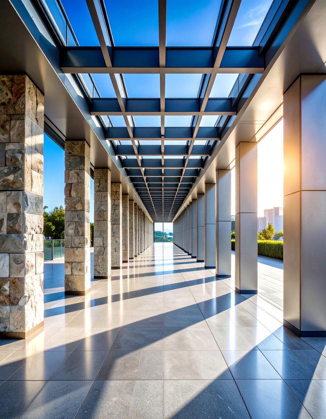 Stone and Metal Hybrid Walkway - 25 Covered Walkway Ideas
