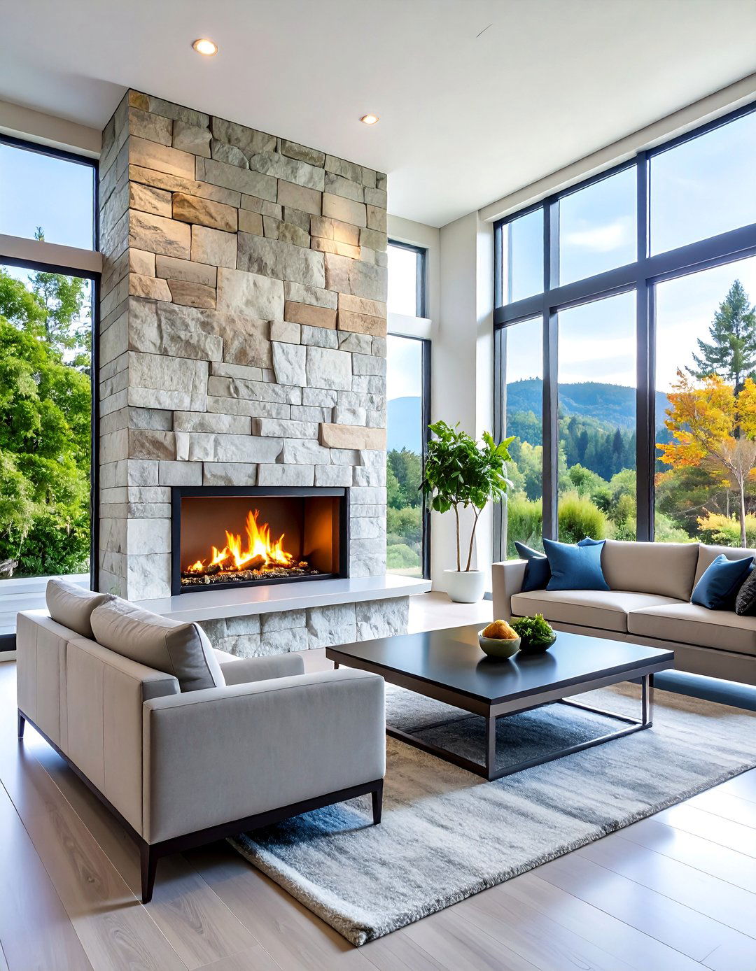Stone and Steel Combination Fireplace - 25 Modern Fireplace Ideas