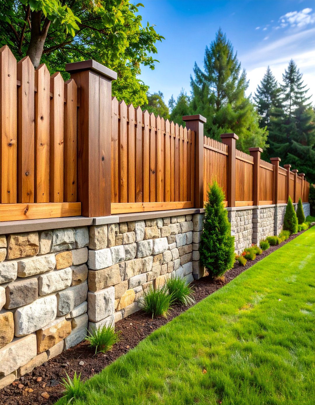 Stone and Wood Combination Fence - 25 Privacy Fence Ideas