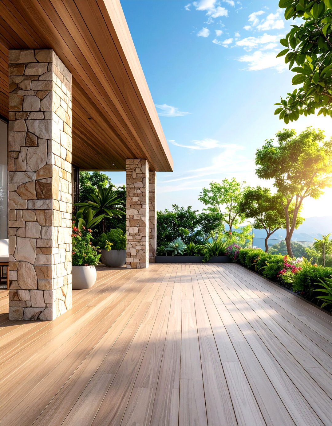 Stone and Wood Combination Wall - 25 Deck With Privacy Wall