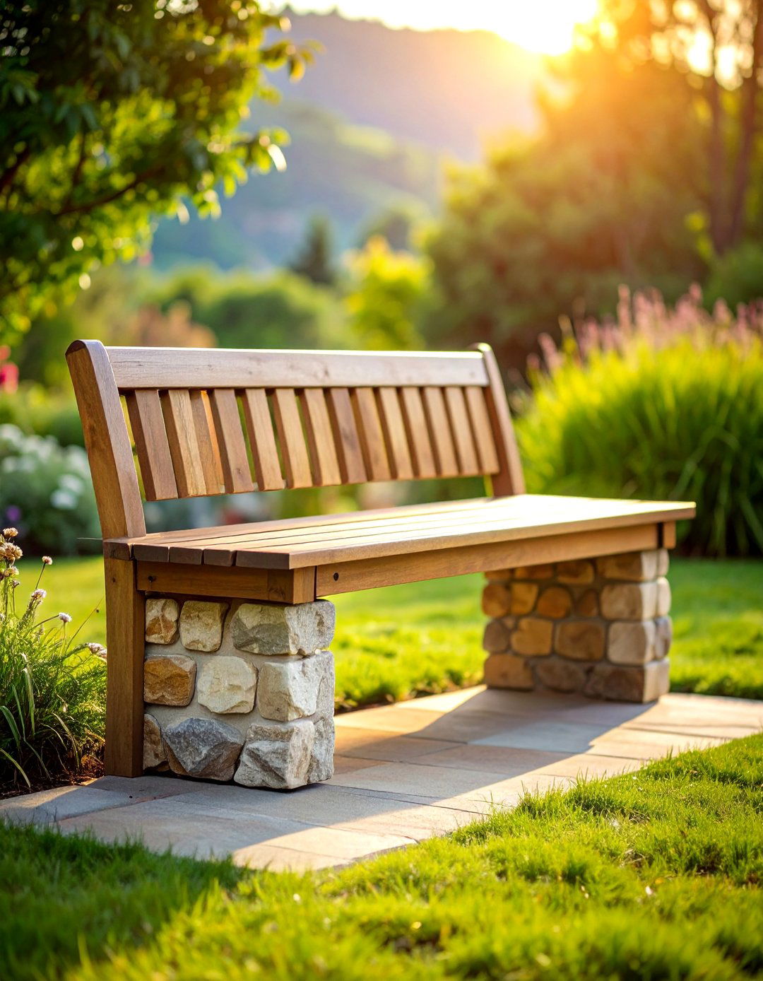 Stone and Wood Mixed Material Bench - 25 Built-in Deck Bench Ideas and Designs