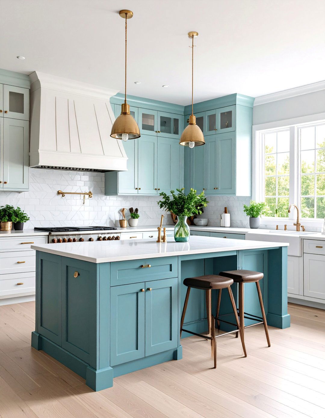 Stonington Gray Blue Kitchen Island with White Perimeter Cabinets - 25 Light Gray Paint Colors for Your House