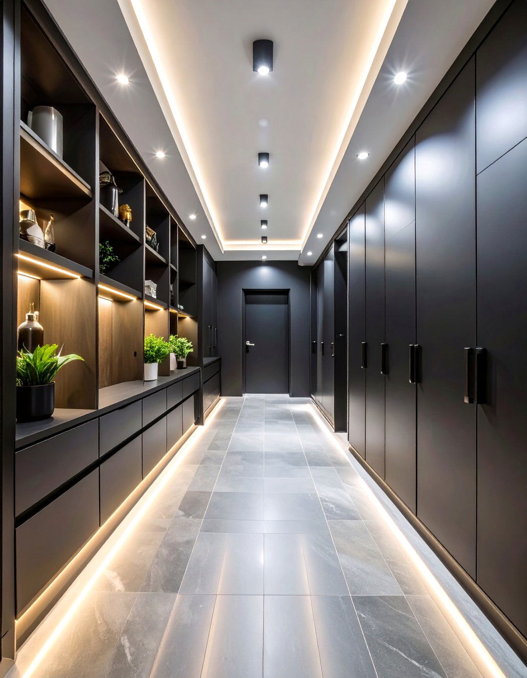 Storage Focused Black Hallway with Built in Solutions - 25 Black Hallway Ideas