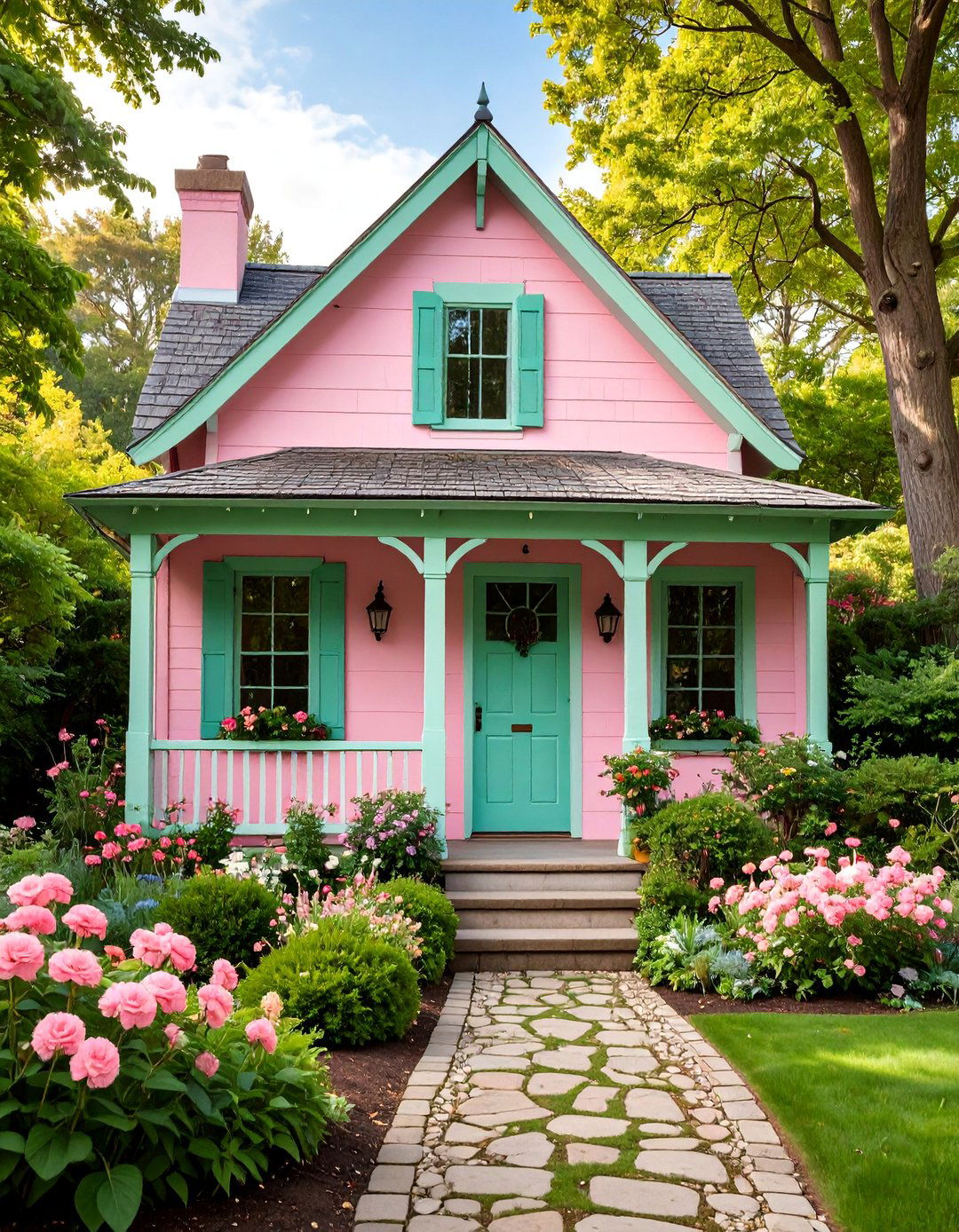 Storybook Candy Pink House Exterior with Curved Rooflines - 25 Pink House Exterior Ideas