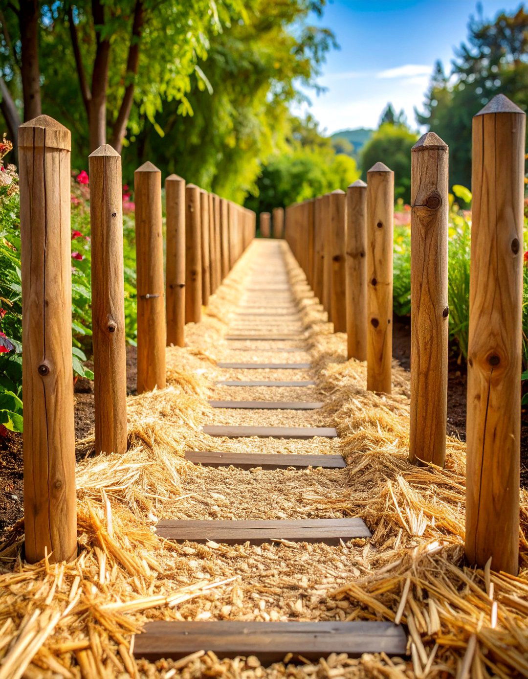 Straw Mulch Pathway with Wooden Post Markers - 25 Mulch Pathway Ideas
