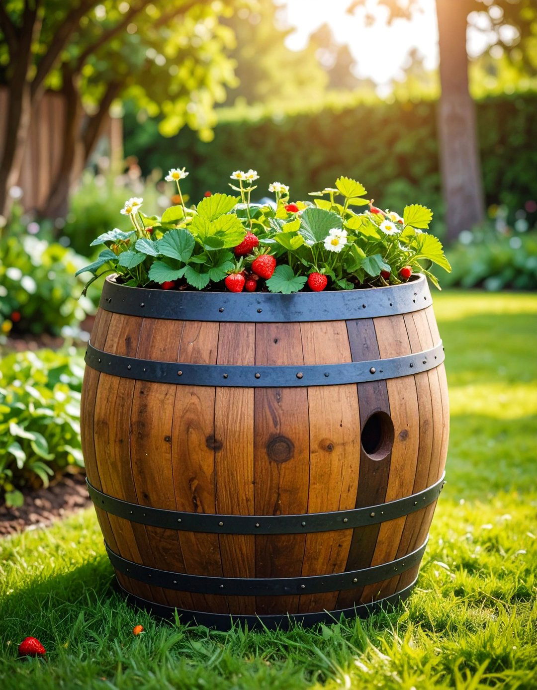 Strawberry Barrel Planter with Side Pockets - 25 Strawberry Planter Ideas