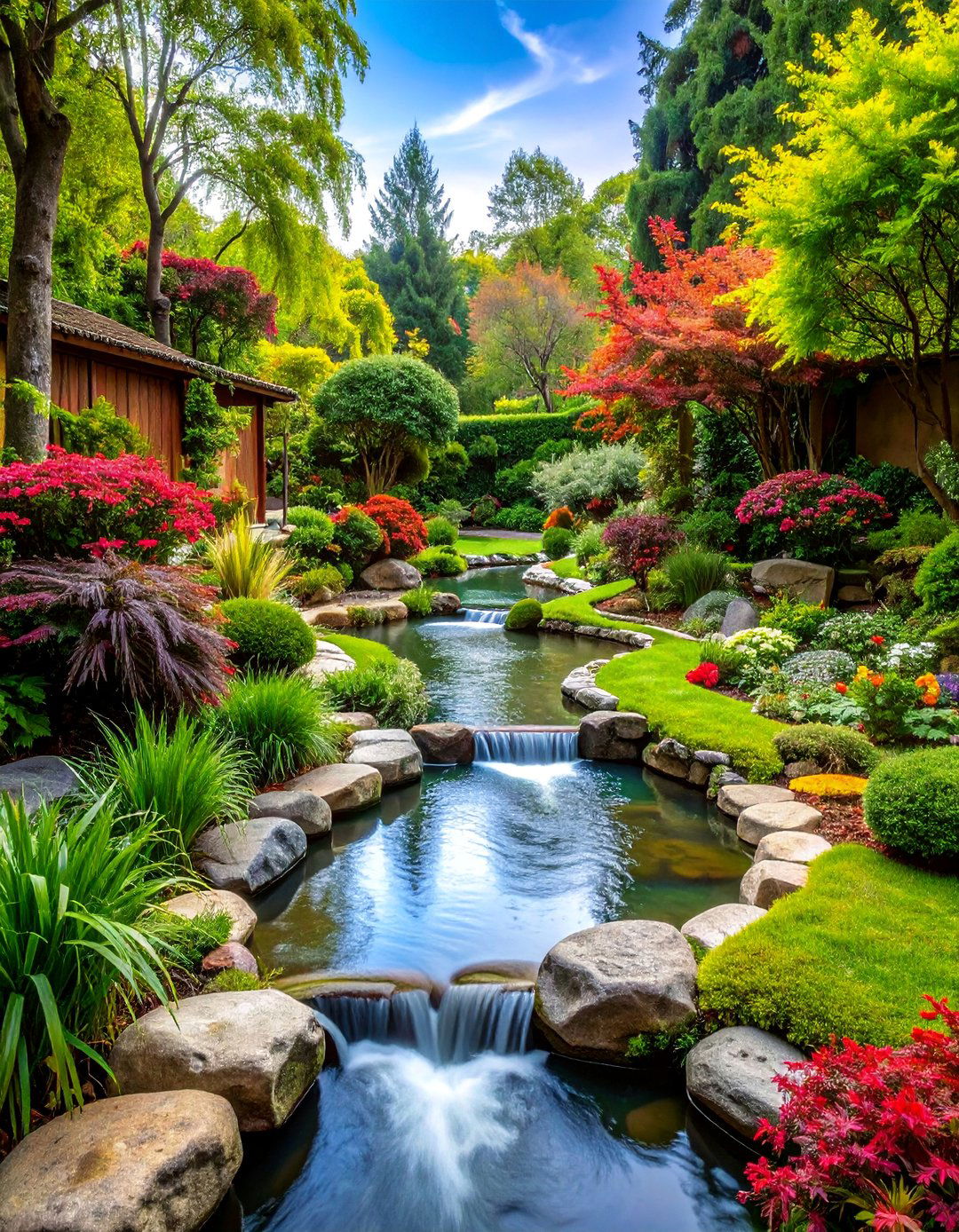 Stream Pond System with Multiple Pools - 25 Pond Landscaping Ideas