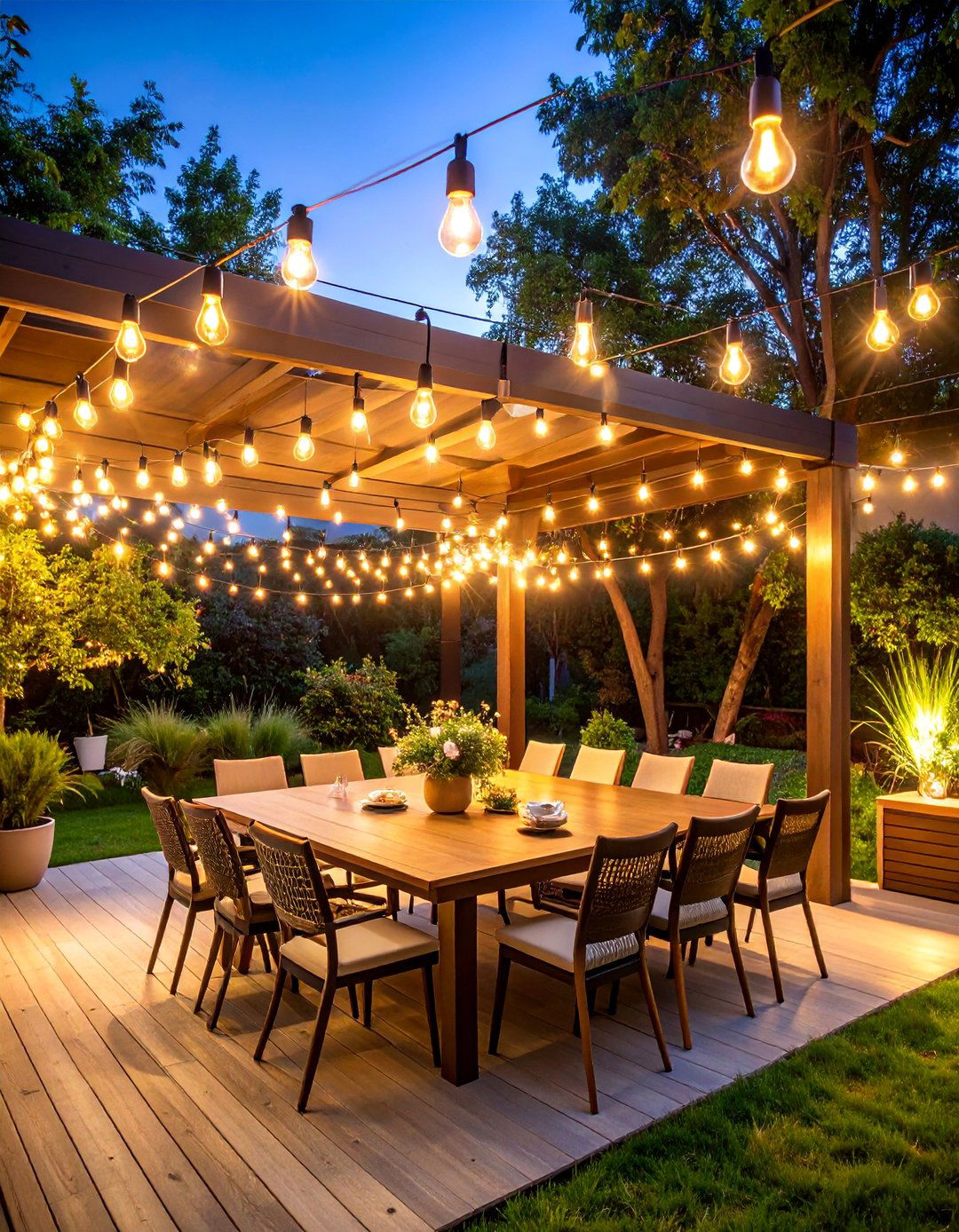String Light Canopy Dining Space - 25 Cheap Backyard Makeover Ideas