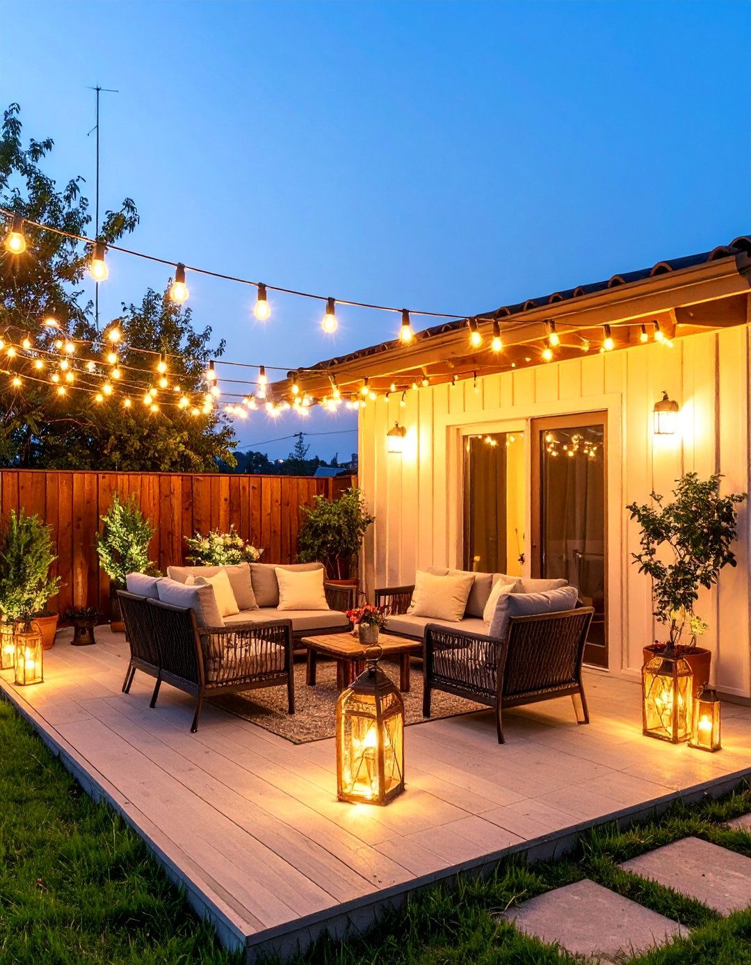 String Light Patio with Magical Evening Ambiance - 25 Small Backyard Patio Ideas