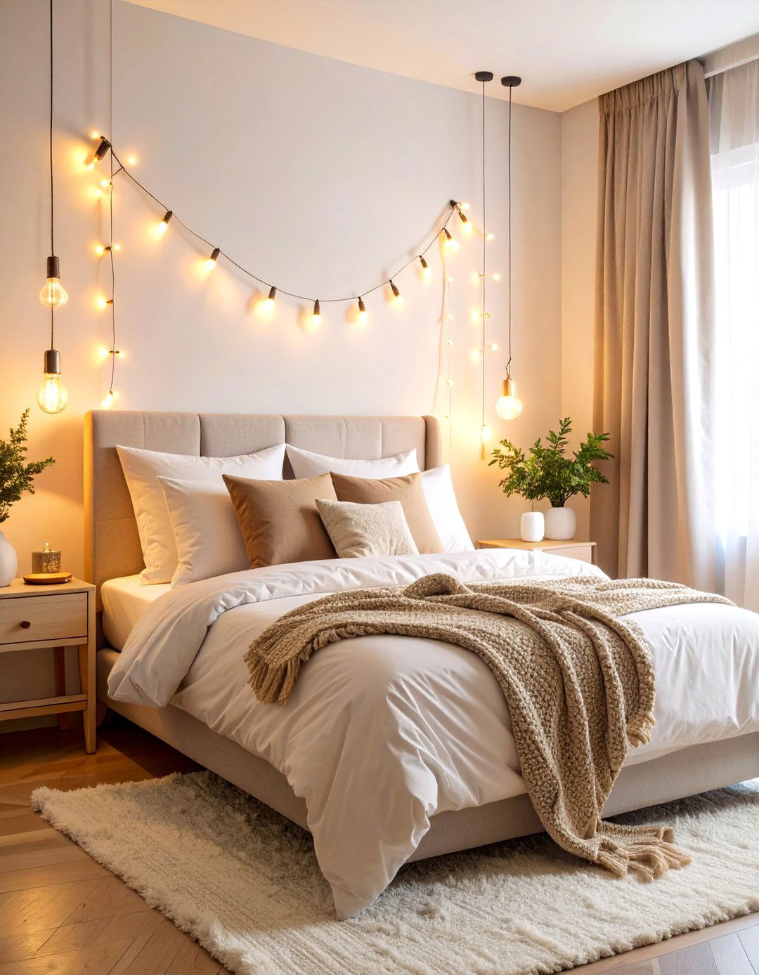 String Light Scandinavian Bedroom with Ambient Glow - 25 Scandinavian Bedroom Ideas