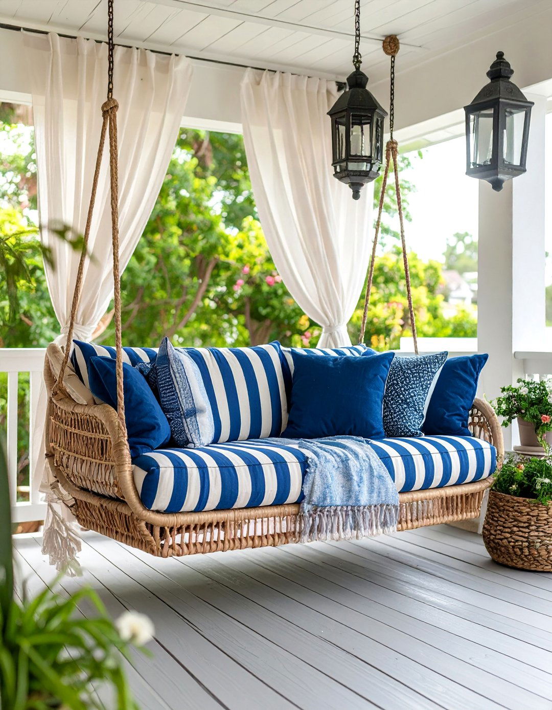 Striped Beach House Porch with Hanging Daybed - 25 Beach House Decor Ideas