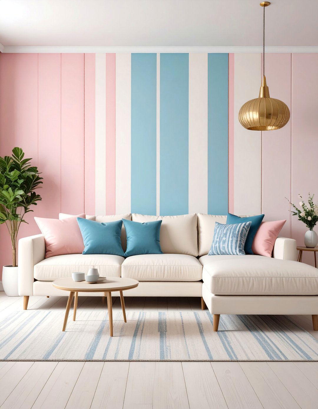 Striped Pink and Blue Wallpaper Feature Wall - 25 Pink and Blue Living Room Ideas
