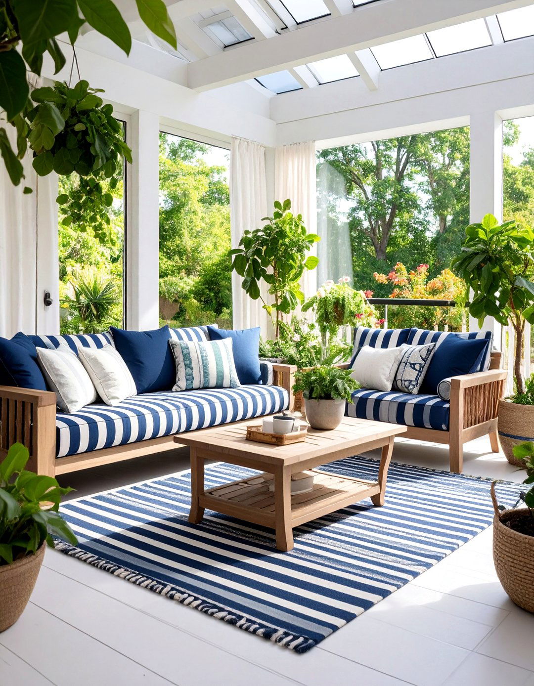 Striped Sunroom Casual Seating Area - 25 Spring Decor Ideas