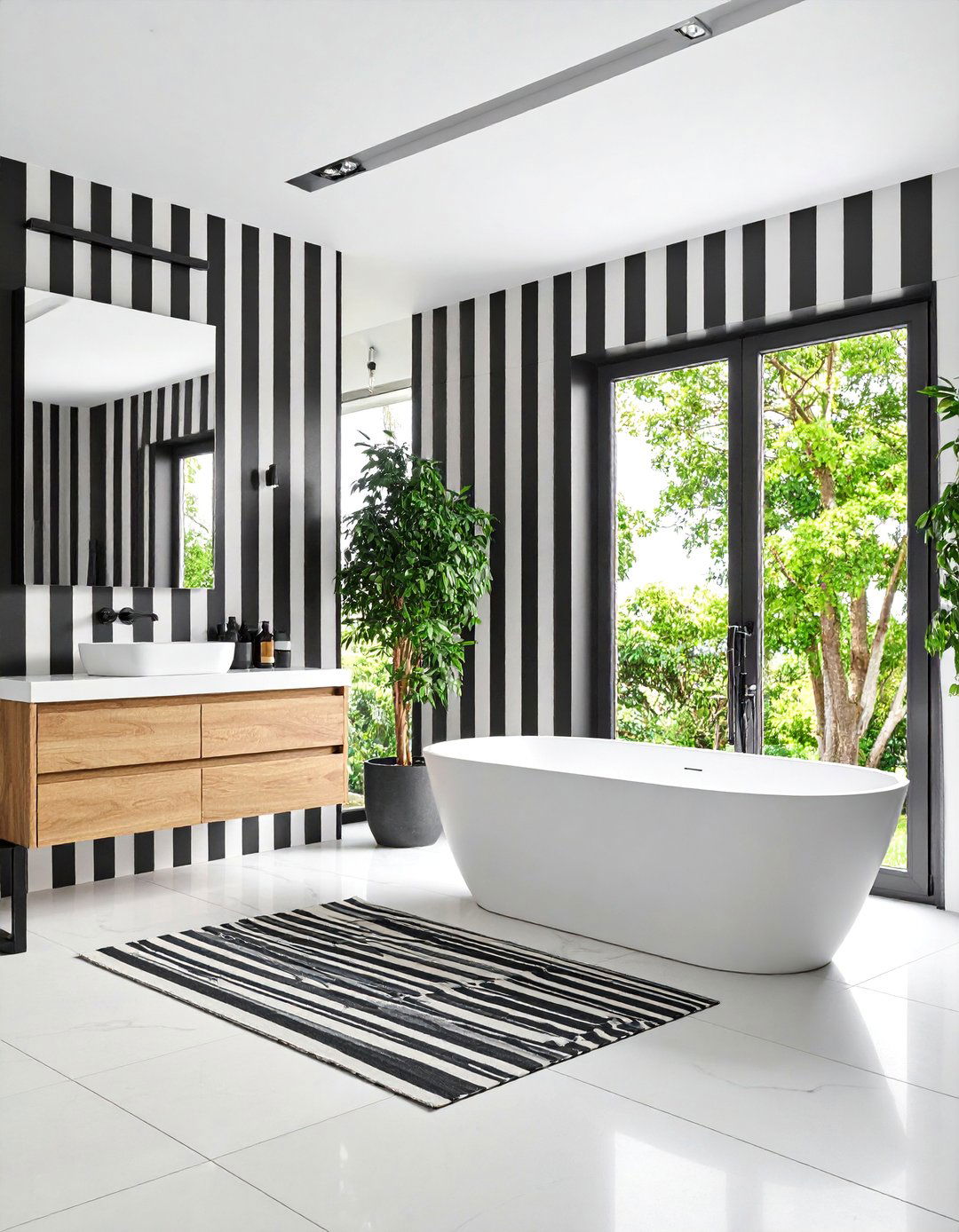 Striped Wall Pattern - 25 Black and White Bathroom Ideas