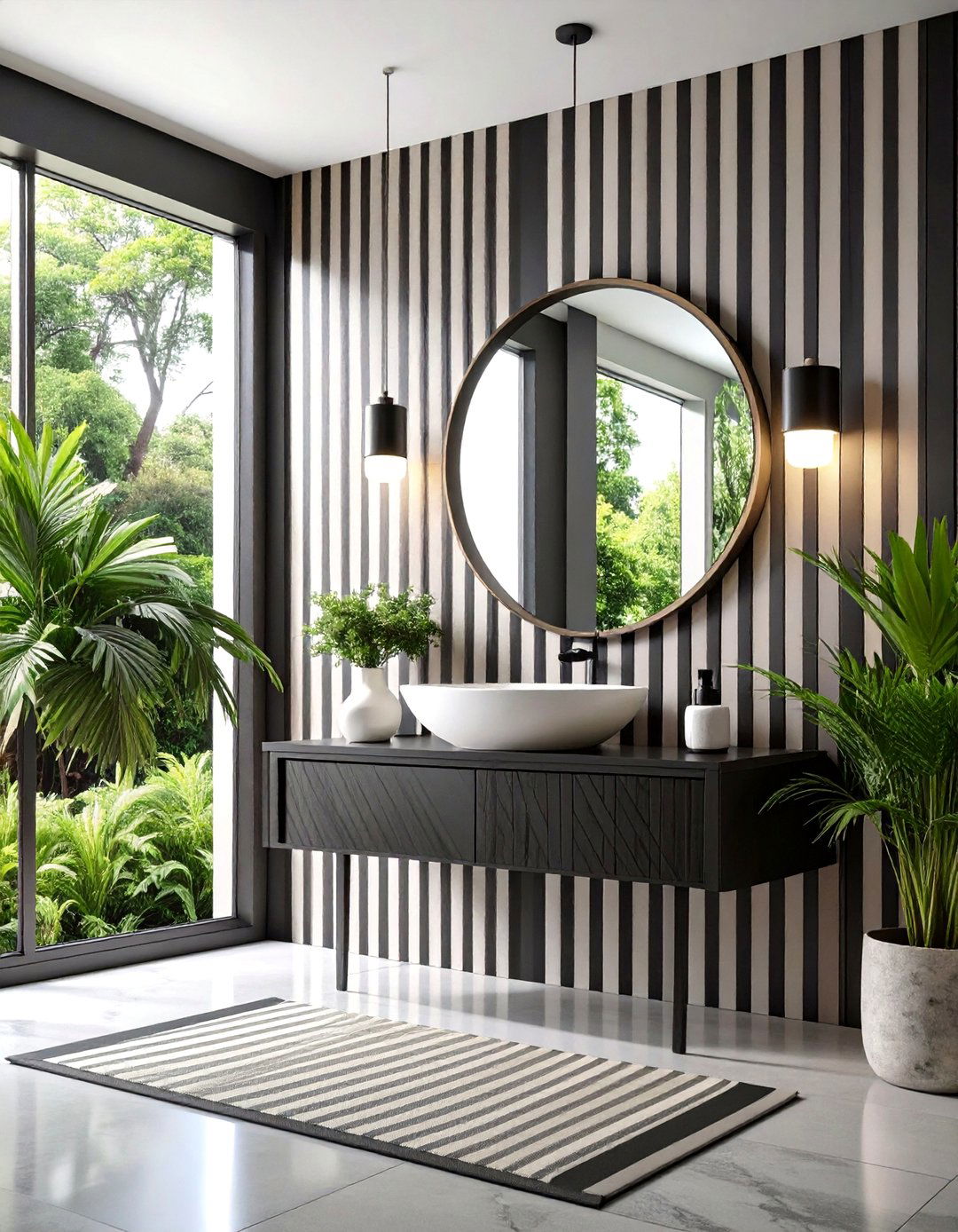 Striped Wallpaper with Minimalist Fixtures - 25 Black and White Powder Room Ideas