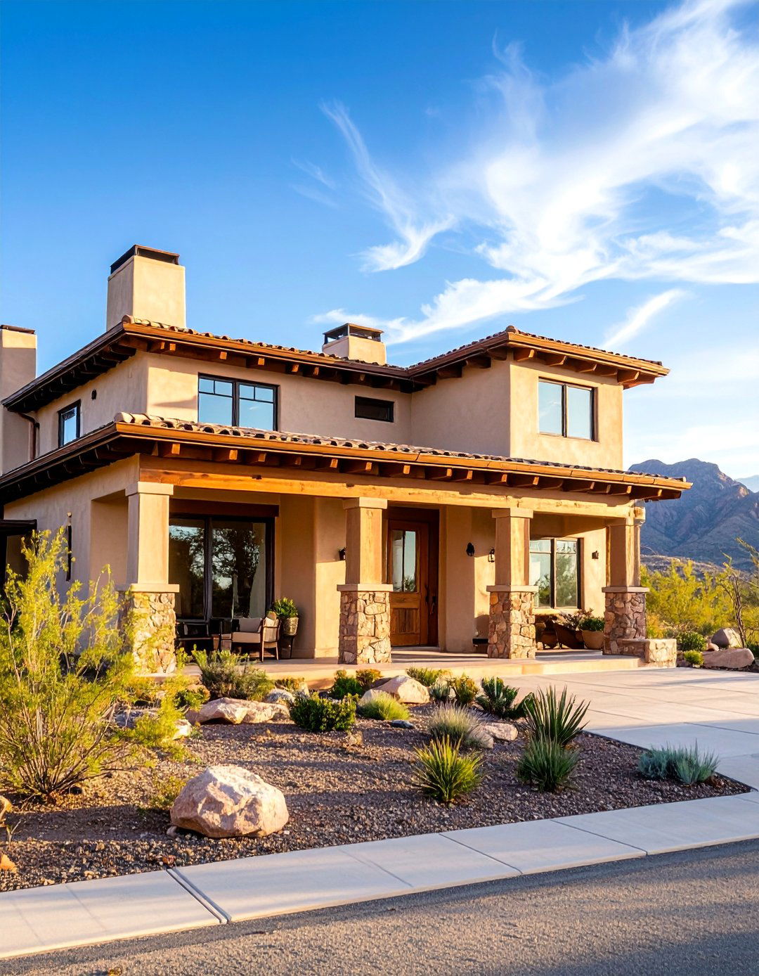 Stucco Exterior with Cedar Accent Bands - 25 Exterior House Siding Ideas