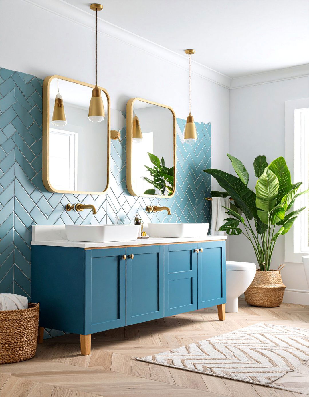 Subway Tile Bathroom with Herringbone Patterns - 25 Scandinavian Bathroom Ideas