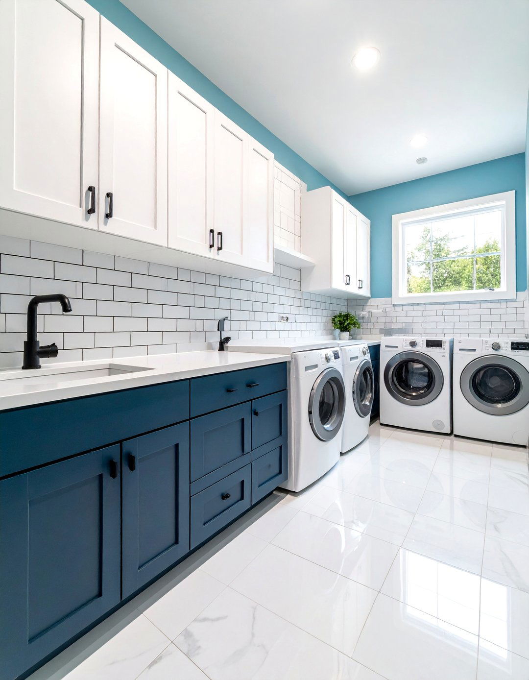 Subway Tile Feature Wall with Black Grout - 25 Black and White Laundry Room Ideas