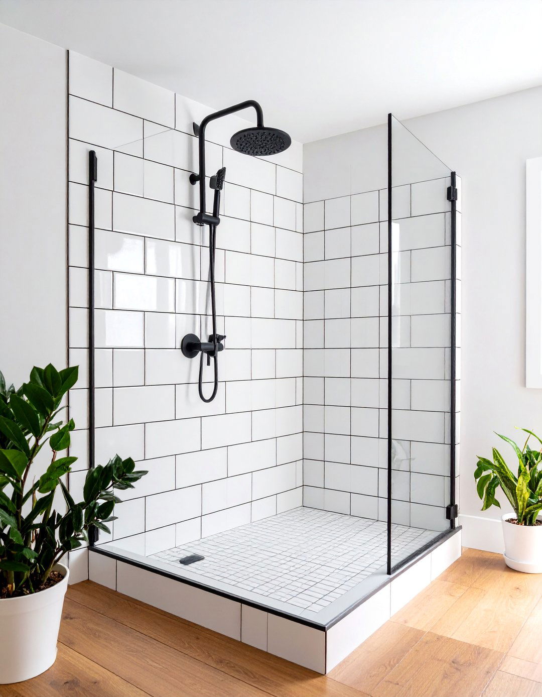 Subway Tile Shower with Black Grout - 25 Black and White Bathroom Ideas