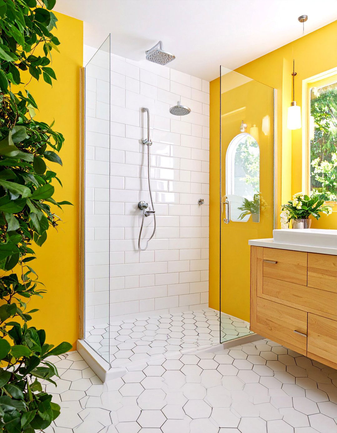 Subway Tile Shower with Hexagon Floor Pattern - 25 Bathroom Shower Ideas