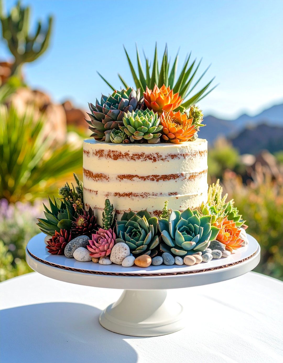Succulent Garden Naked Cake with Desert Vibes - 25 Naked and Semi-naked Wedding Cake Ideas