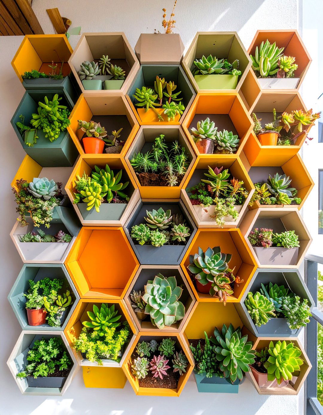 Succulent Wall Garden with Geometric Planters - 25 Balcony Privacy Ideas