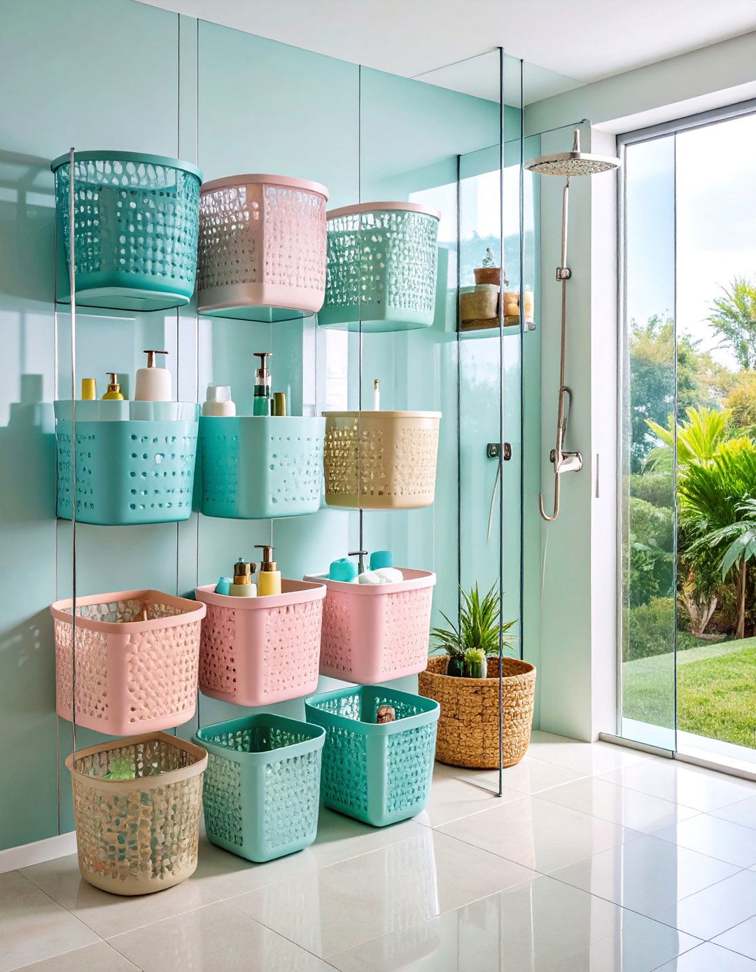 Suction Cup Wall Mounted Basket Array - 25 Shower Storage Ideas