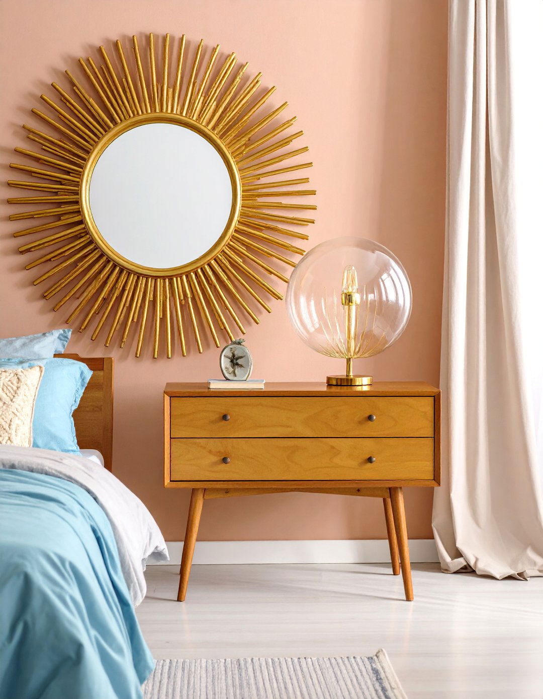 Sunburst Frame Mirror Behind Nightstand Accent - 25 Mirror Behind Nightstand Design Ideas
